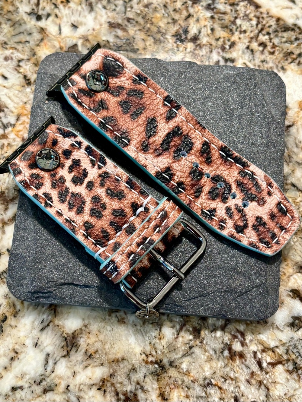 Leopard Print Leather Watch Band with Mint Edge